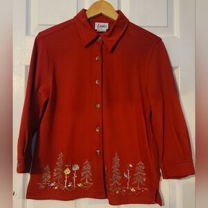 Vintage Links Embroidered Red Button Down Top Christmas Birds Sz M